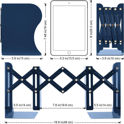 2PCS Adjustable Bookends, Metal Book Ends for Heavy Book, 2 Dividers, Nonslip Book Stander for Desk, Shelf, Office, Stationery Gift, Extends up to 19 inches (Blue)