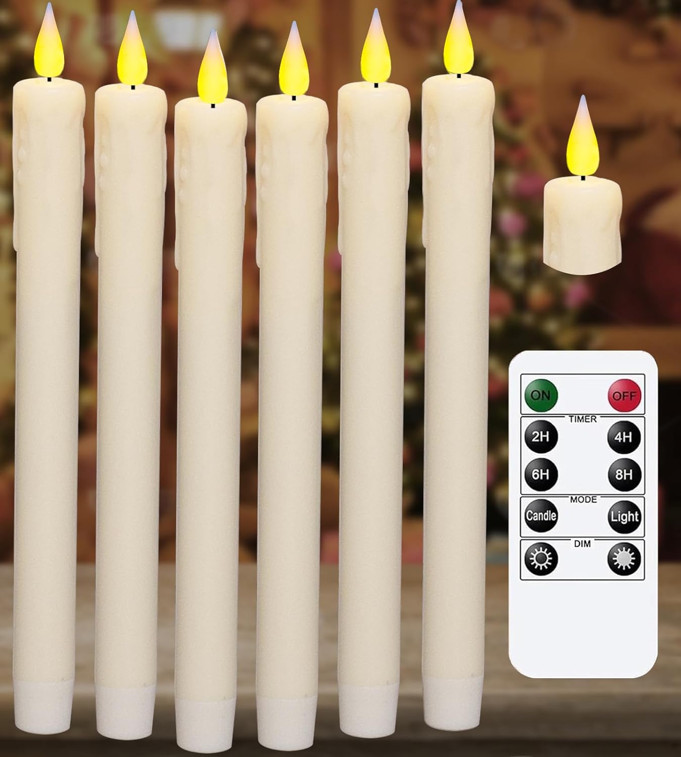 KSWING Upgraded Real Wax Short LED Flameless Taper Candles with Remote, 6 PCS White Candlesticks Battery Operated 3D Flickering - 6" Realistic Fake Candle Sticks for Home/Wedding/Fireplace Xmas Decor