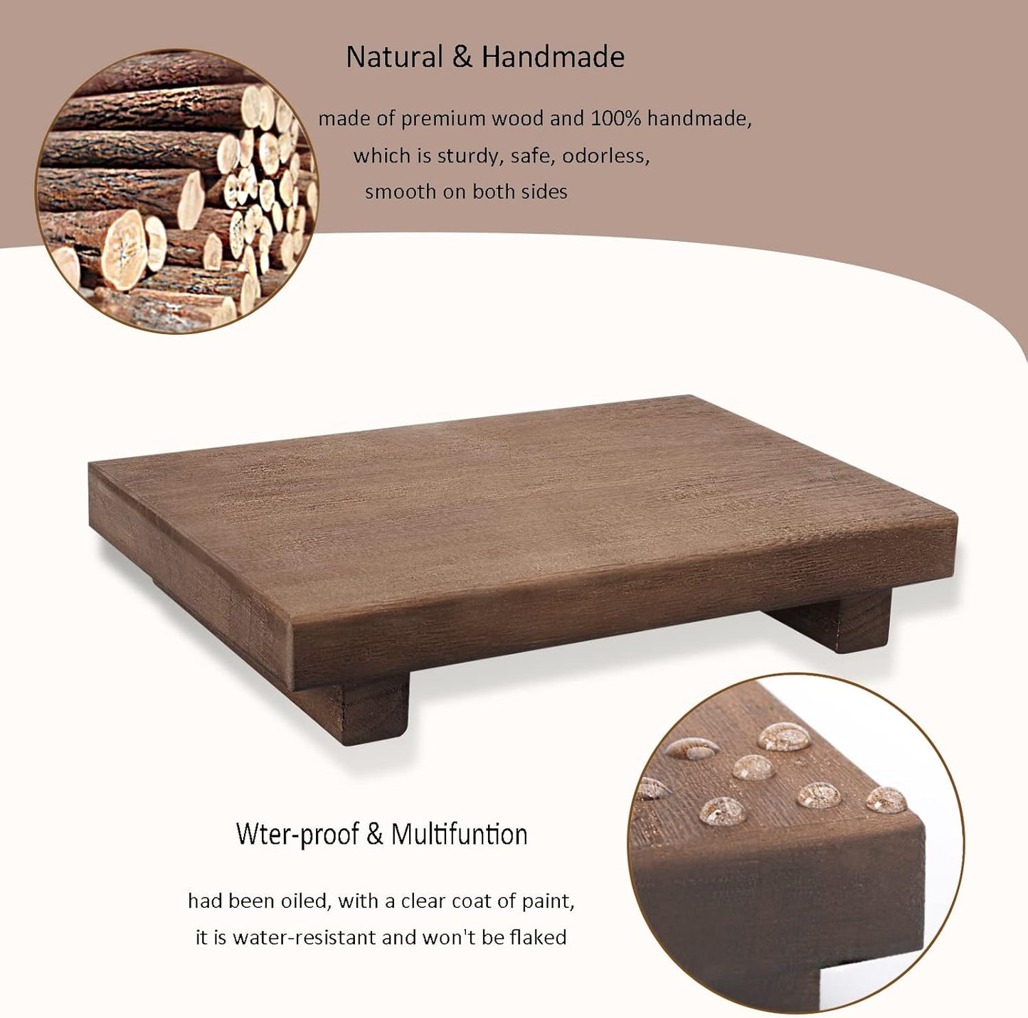 zoocatia Small Wood Tray Pedestal Stand Farmhouse Bathroom Decor Decorative Wooden Riser Kitchen Soap Dish Holder for Vanity, Counter, Sink, Brown