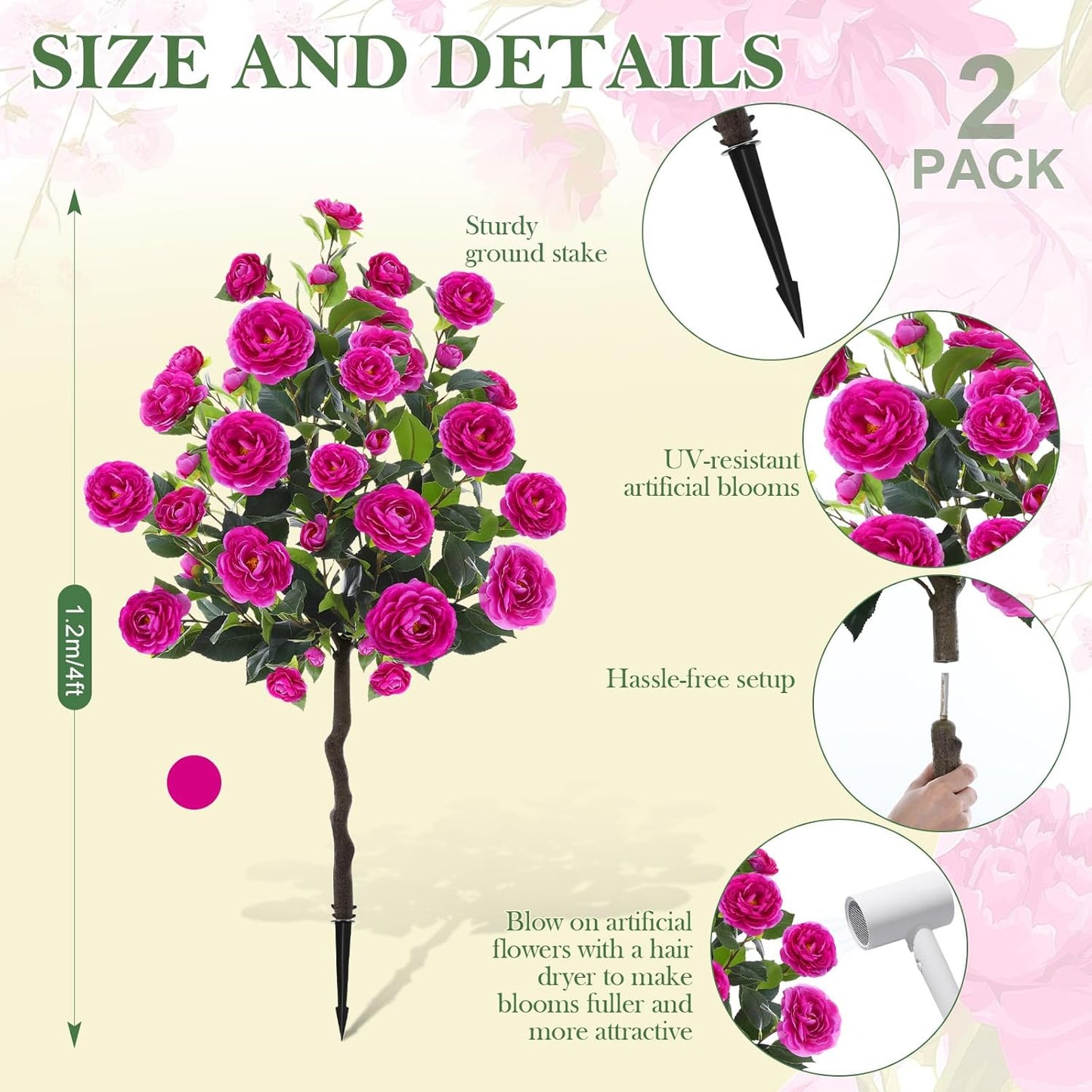 Lunmon 2 Pack 3ft Artificial Camellia Plants Tree 36" Faux Camellia Flower with Spike UV Resistant Realistic Fake Floral Blooming Bush for Indoor Outdoor Front Door Porch Backyard Garden, Purple