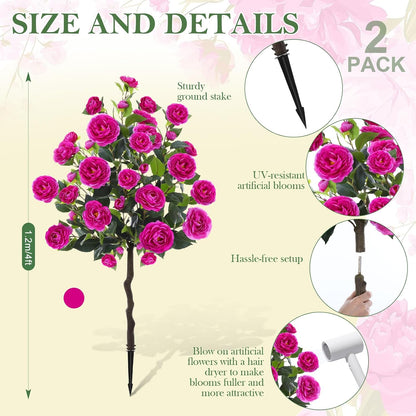 Lunmon 2 Pack 3ft Artificial Camellia Plants Tree 36" Faux Camellia Flower with Spike UV Resistant Realistic Fake Floral Blooming Bush for Indoor Outdoor Front Door Porch Backyard Garden, Purple