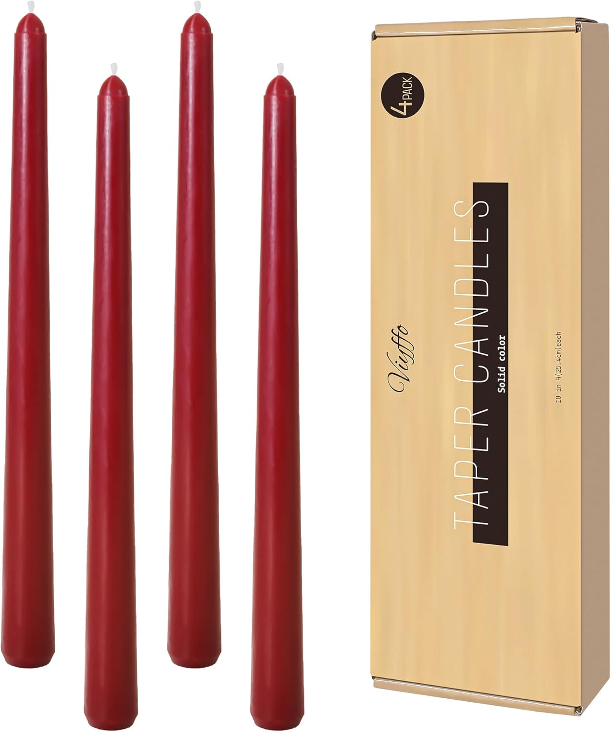 Viyffo Taper Candles, 10 Inch, 4 Pack, Olive Glow – Unscented, Dripless & Smokeless Design, Up to 8 Hour Burn – Long Tall Taper Candlesticks for Wedding, Dinner & Home Decor