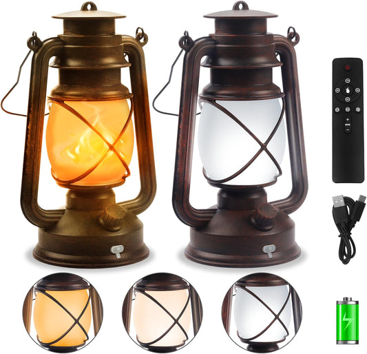 Wondrastical 2 Pack Bronze Vintage 4 Modes LED Lanterns，Rechargeable Flickering Flame Lights Decorative Outdoor&Indoor, Remote Control Waterproof Hanging Lantern for Camping,Patio Garden Pathway