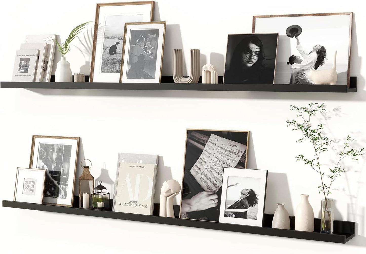 Fun Memories Picture Ledge Shelves Set of 2, 32 Inch Rustic Wall Mounted Floating Shelves with Lip for Home Storage and Décor in Bathroom, Kitchen, Nursery, Bedroom, Living Room, Walnut