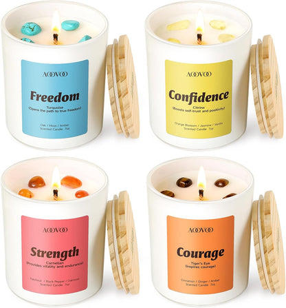 AOOVOO Calm Candles Set for Women - 4 Pack Candles for Home Scented, 28 oz 200 Hour Burn, Aromatherapy Candle with Crystals, Lavender Calm/Jasmine Serenity/Water Lily Pear Harmony/Patchouli Balance