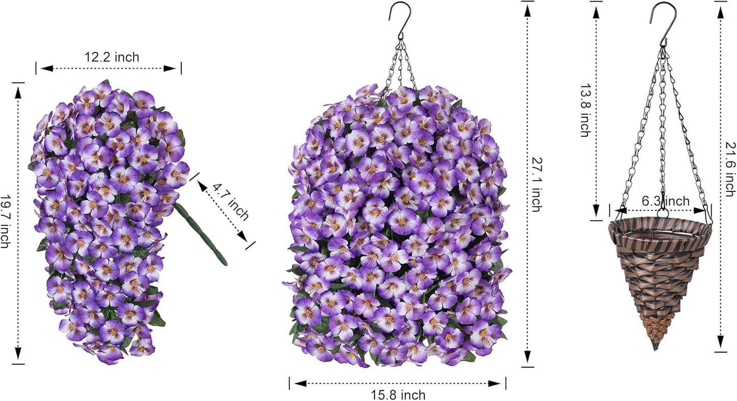 HyeFlora Artificial Flowers for Outdoors, 2pcs Faux Silk Pansies Flowers UV Resistant Fake Hanging Flower Plants for Outside Planters Porch Yard Patio Window Box (Mix Purple)