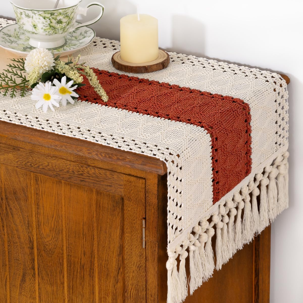 Socomi Boho Table Runner Summer Farmhouse Rustic Dining Kitchen Centerpiece Decor Small Macrame Woven Cotton Linen Coffee Table Runner for Dresser Scarf Home Decor 12x36 inch Beige
