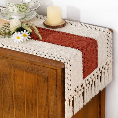 Socomi Boho Table Runner Summer Farmhouse Rustic Dining Kitchen Centerpiece Decor Small Macrame Woven Cotton Linen Coffee Table Runner for Dresser Scarf Home Decor 12x36 inch Beige