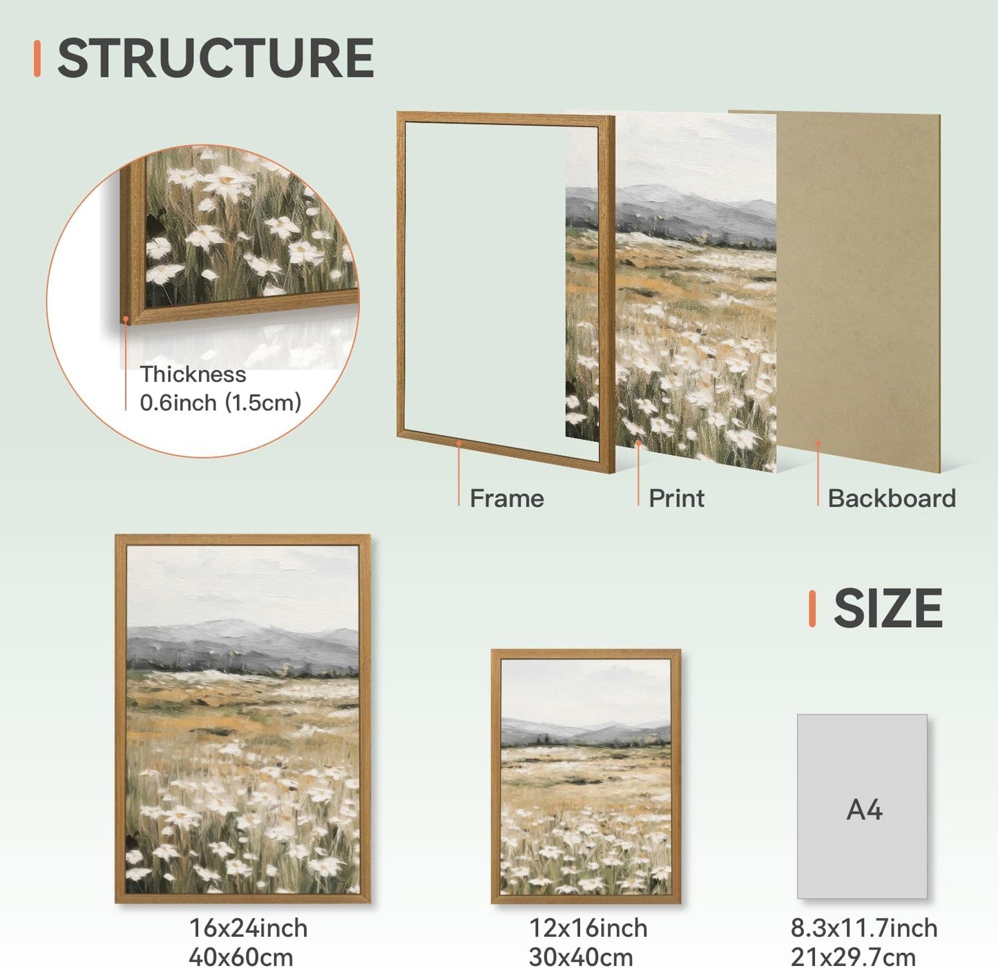 CAZLOUC White Wildflowers Wall Art Set of 3, Neutral Meadow Landscape Wall Decor, Minimalist Mountain Canvas Prints, Beige Rustic Field Paintings for Living Room Bedroom Wood Framed 12x16 Inch