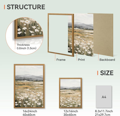 CAZLOUC White Wildflowers Wall Art Set of 3, Neutral Meadow Landscape Wall Decor, Minimalist Mountain Canvas Prints, Beige Rustic Field Paintings for Living Room Bedroom Wood Framed 12x16 Inch