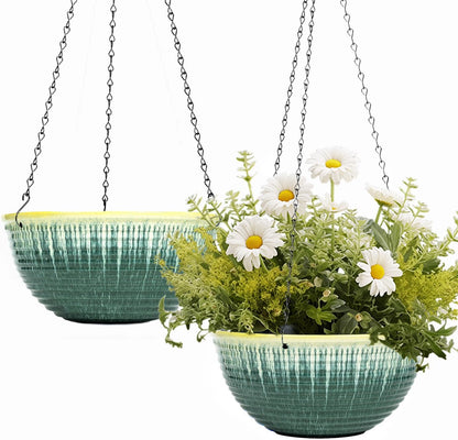 12 inch Large Hanging Planters for Indoor Outdoor Plants, Set of 2 Glazed Hanging Flower Pots with Drainage Hole, Hanging Baskets for Garden Home Porch Decor