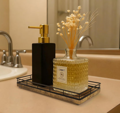 Bathroom Vanity Tray for Countertop, 12" x 6" Acacia Wood Toilet Tank Tray with Metal Guardrail, Bathroom Organizer for Soap, Perfume & Skincare, Non-Slip Decorative Tray for Dresser, Black & Acacia
