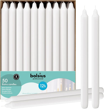 BOLSIUS White Candlesticks Bulk Pack 50 Count - Unscented Dripless 11.5 Inch Household & Dinner Candle Set - 12+ Burn Hours - Premium European Quality - Consistent Smokeless Flame - 100% Cotton Wick