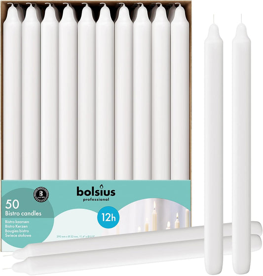 BOLSIUS White Candlesticks Bulk Pack 50 Count - Unscented Dripless 11.5 Inch Household & Dinner Candle Set - 12+ Burn Hours - Premium European Quality - Consistent Smokeless Flame - 100% Cotton Wick