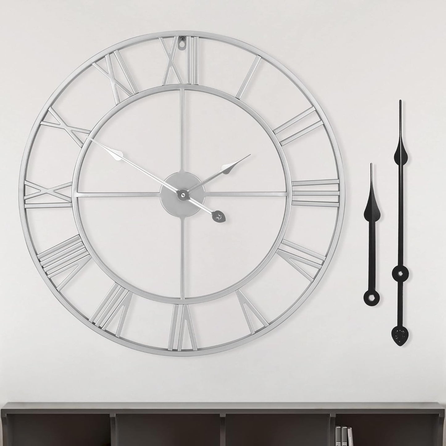 LEIKE 16" Large Wall Clocks Battery Operated, Round Modern Silent Non-Ticking Black Metal Wall Clock for Living Room Decor, Bedroom Kitchen (40cm Diameter, Black Roman Number)