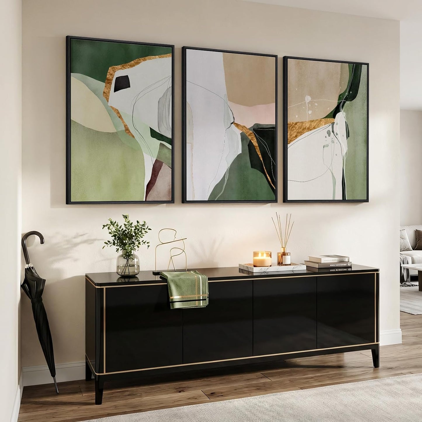 Large Framed Abstract Nature Landscape Wall Art for Living Room, Set of 3 Modern Canvas Prints Paintings Artwork for Walls, Green Lake Pictures for Hallway, Dining Room, Office Wall Decor 24x36 Inch