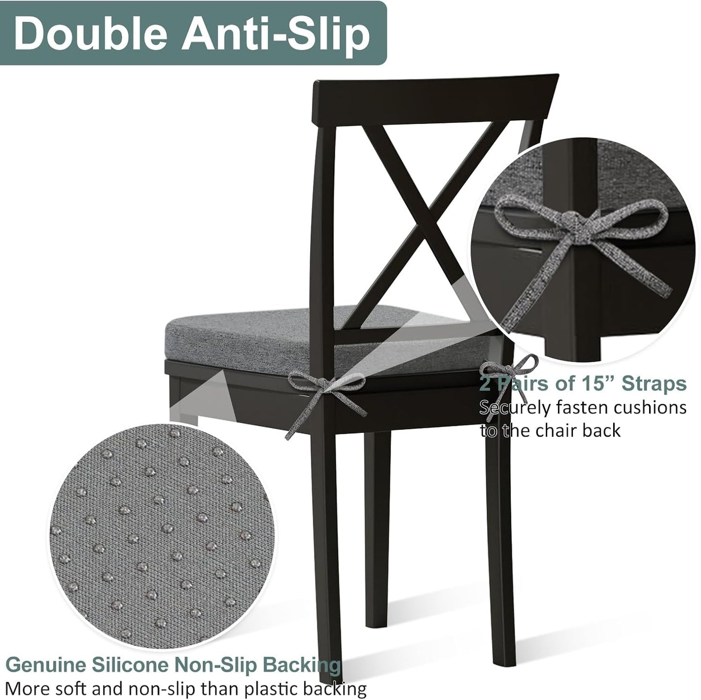 Shinnwa Dining Chair Pads, Patented Design Memory Foam Kitchen Chair Cushions with Ties and Washable Cover, 17" x 16" x 2", Black