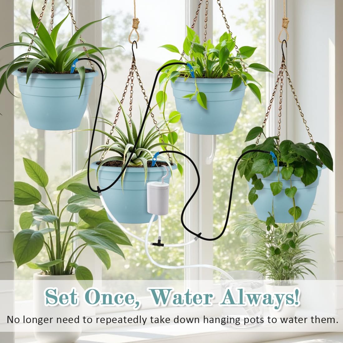 RooTrimmer Hanging Planters for Indoor Outdoor Plants 8 and 10 Inch, 4 Packs Hanging Flower Pot with Drainage Holes, Self-Watering Hanging Basket Perfect for Home, Office and Garden, White