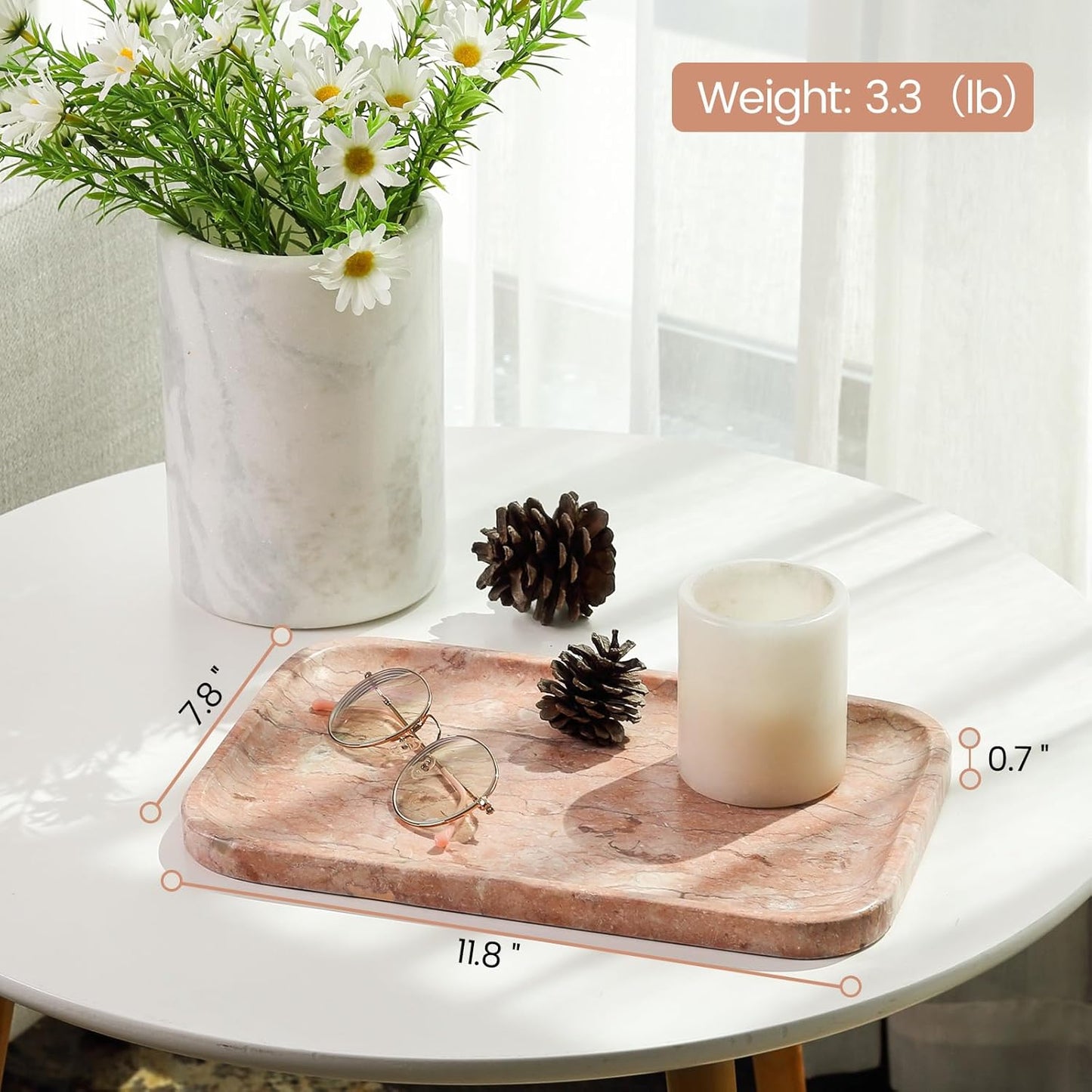 Marble Vanity Tray for Dresser Organizer, Travertine Bathroom Tray Countertop, Beige Decorative Serving Trays, Kitchen Sink Storage, Jewelry & Perfume Holder(Travertino Romano)