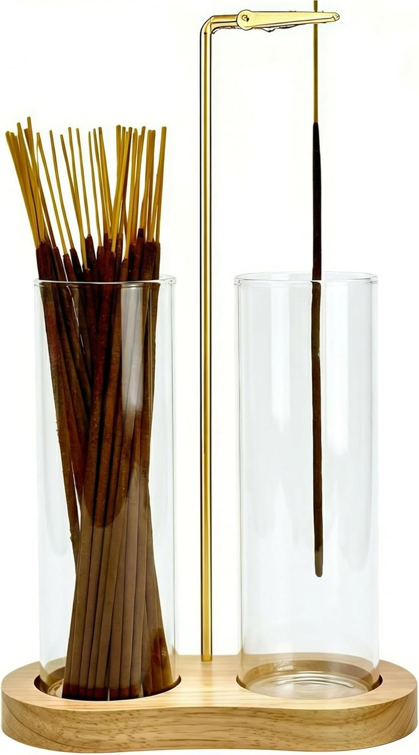 Incense Holder,2 in 1 Incense Sticks Burner Holder with Storage,Hang Upside Down Incense Holder for Sticks with Glass Ash Catcher for Meditation Yoga Spa Room Decor (Brown)
