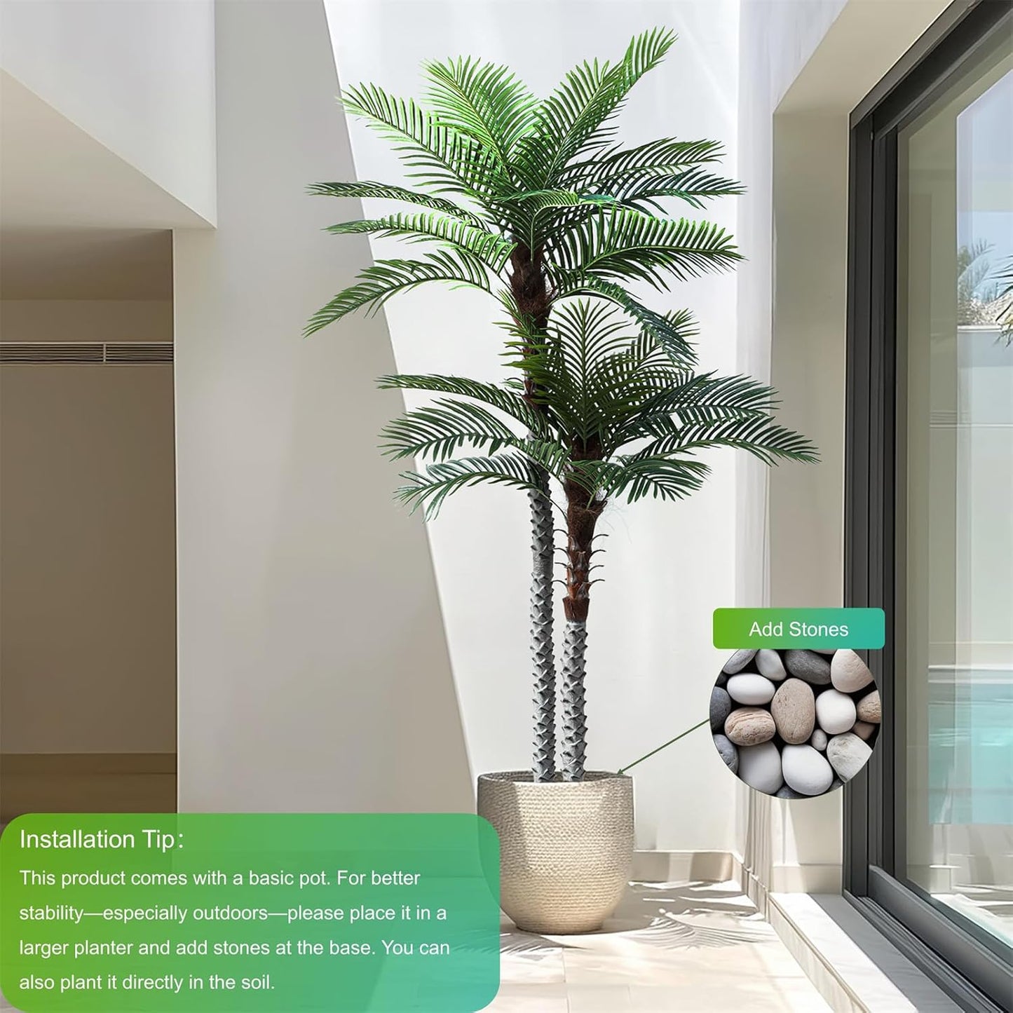 Nafresh 8ft Tall UV Resistant Faux Palm Tree, 96in Artificial Palm Tree Indoor Outdoor, Fake Tree with Real Bark and Realistic Leaves and for Home House Office Living Room Yard Patio.