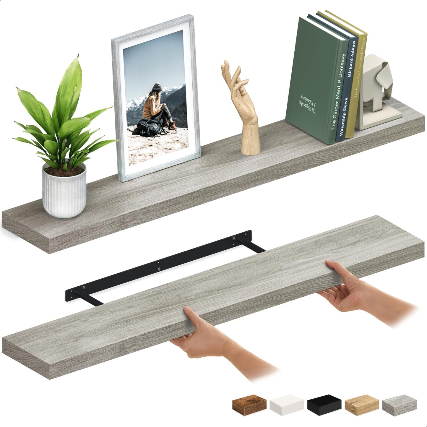 Ballucci Floating Shelves for Wall, 48" Wood Wall Shelf Set of 2, with Invisible Brackets for Bathroom, Living Room, Bedroom, Kitchen, Nursery, 8" Deep, Black