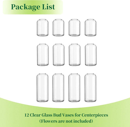 Glass Bud Vases for Flowers - Hewory Blown Modern Small Glass Vases for Centerpieces Set of 12, Mini Clear Bulk Flower Vases for Wedding Party Events Home Decor Floral Arrangement (Not Include Flower)