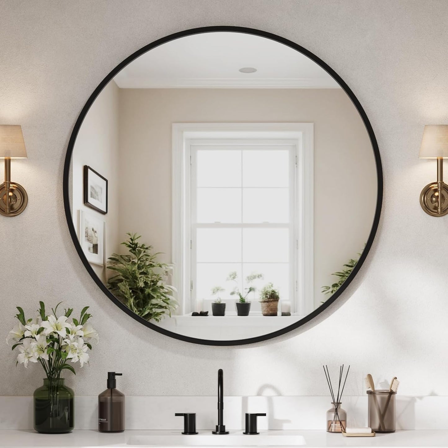 USHOWER Bathroom Mirrors for Over Sink, 36 Inch Circle Mirror with Metal Frame, Black Wall Mirror for Vanity, Entryway, Living Room, Hallway and Bedroom Decor