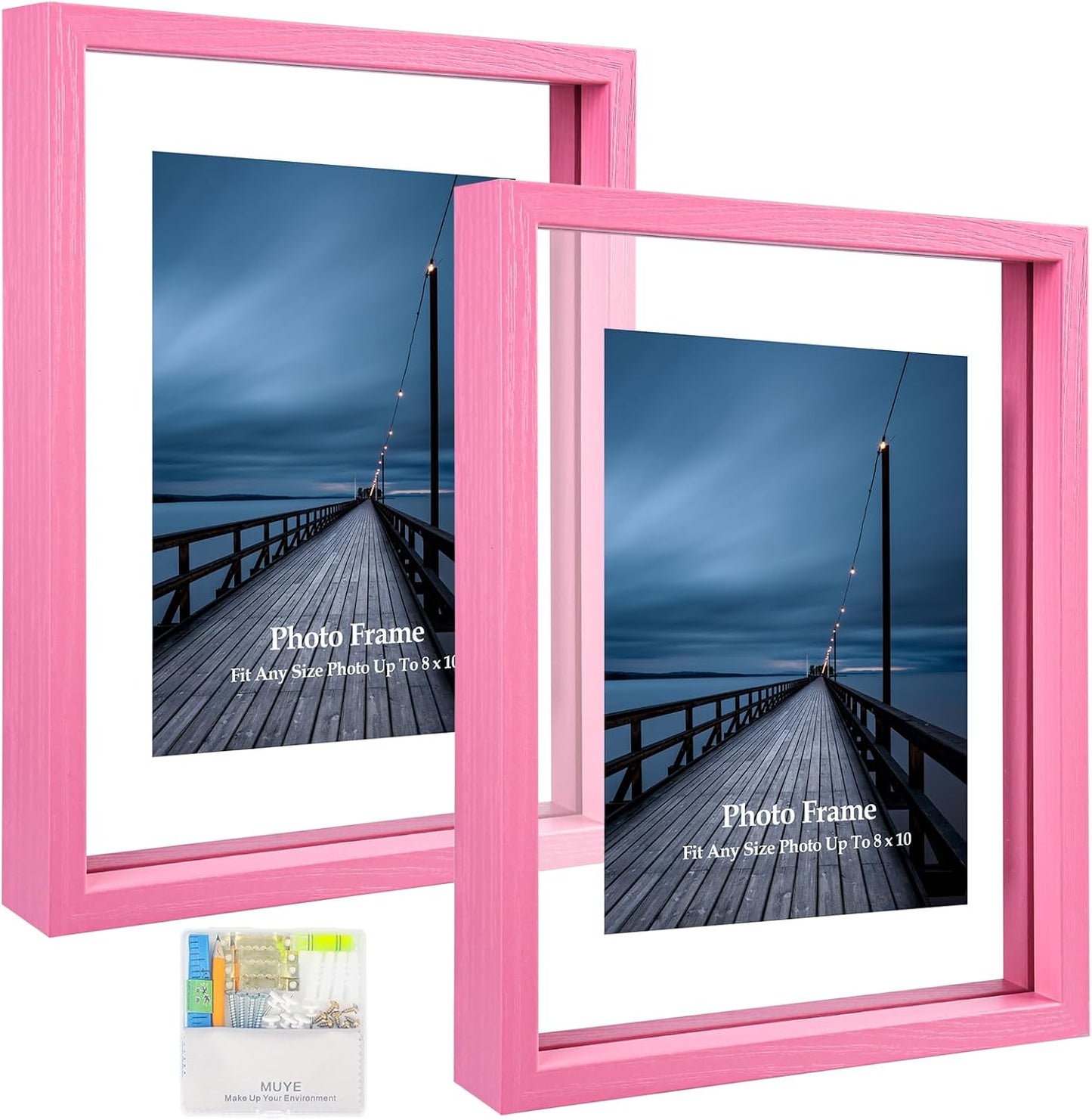 MUYE 11x14 Floating Frame Set of 2,Double Glass Rustic Frame,Display Any Size Photo up to 11x14,Wall Mount or Tabletop Standing,Natural
