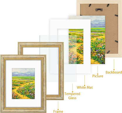 Golden State Art,11x14 Ornate Picture Frame for 8x10 Photo with Mat or 11 x 14 Prints without Mat,Real Glass Wall Display(Color:Green Gold)