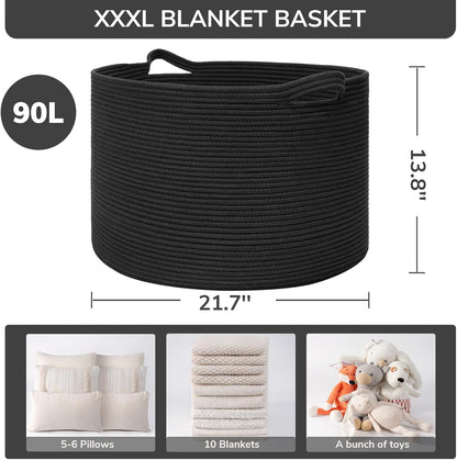 INDRESSME XXXLarge Blanket Basket for Living Room 21.7" x 21.7" x 13.8"-Storage Basket with Handle for Organizing Toy Pillows Woven Cotton Rope Laundry Basket Stuffed Animal Toy Storage for Play Room