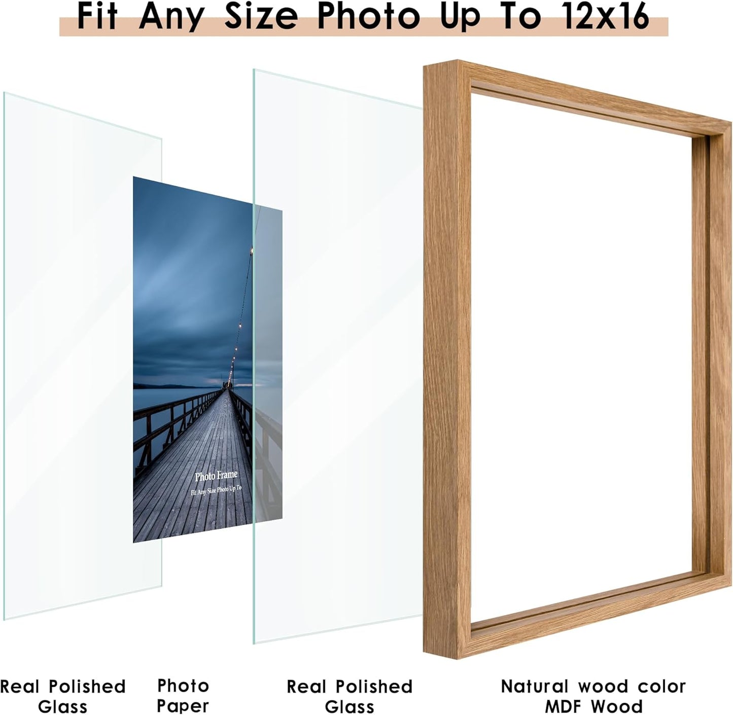MUYE 11x14 Floating Frame Set of 2,Double Glass Rustic Frame,Display Any Size Photo up to 11x14,Wall Mount or Tabletop Standing,Natural
