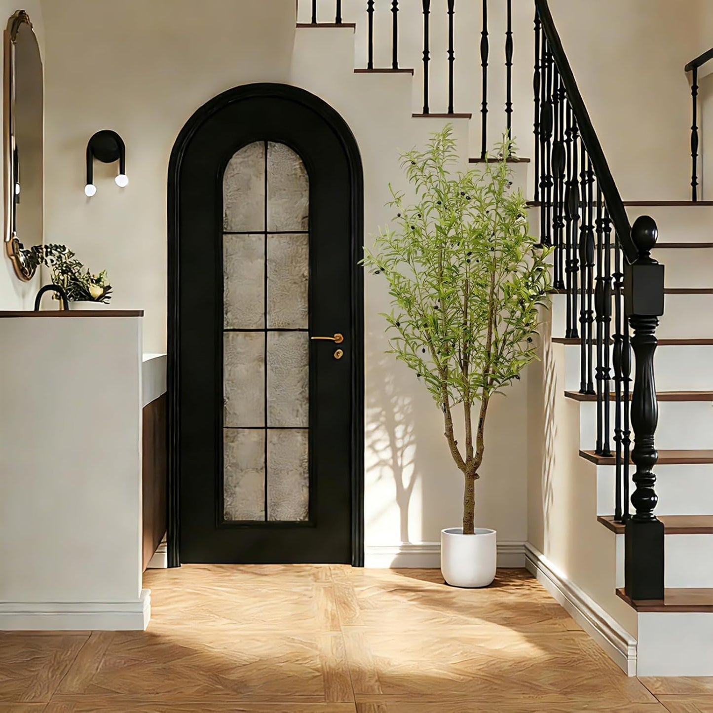 Artificial Olive Tree 7FT, Faux Olive Tree Indoor with Natural Wood Trunk & Dense Leaves, Tall Fake Olive Tree for Living Room, Office, Entryway Decor