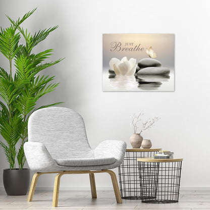 EOBTAIN Zen Flower Canvas Wall Art Bathroom Butterfly and Water Lily Stone Relaxing Spiritual Yoga Framed Wall Art Just Breathe Pictures Canvas Wall Decor for Living Room Bedroom,12x16 Inches