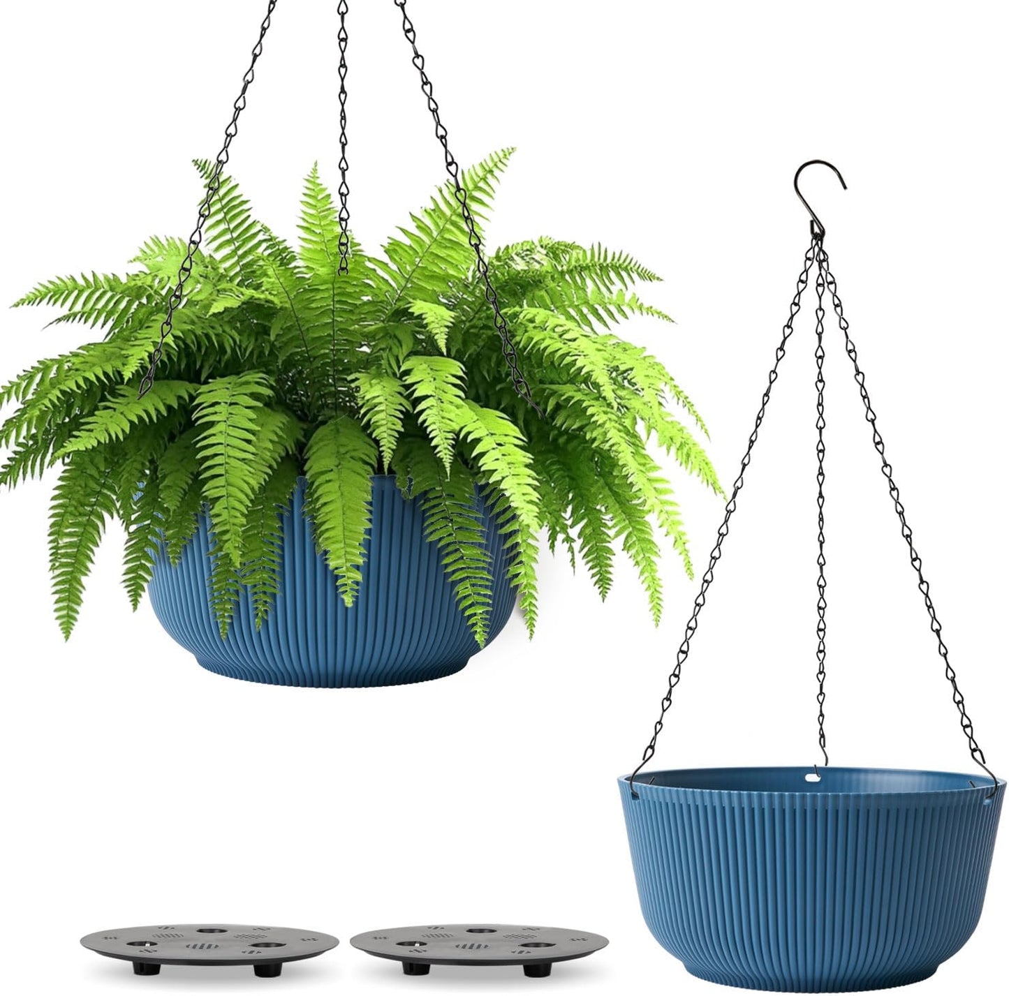 T4U 10 Inch Hanging Planters for Indoor Plants, 2 Pack White Self Watering Hanging Plant Pot, Hanging Pots Set with Drainage Hole & Plug & Chain with 3 Hooks for Garden Home Decor