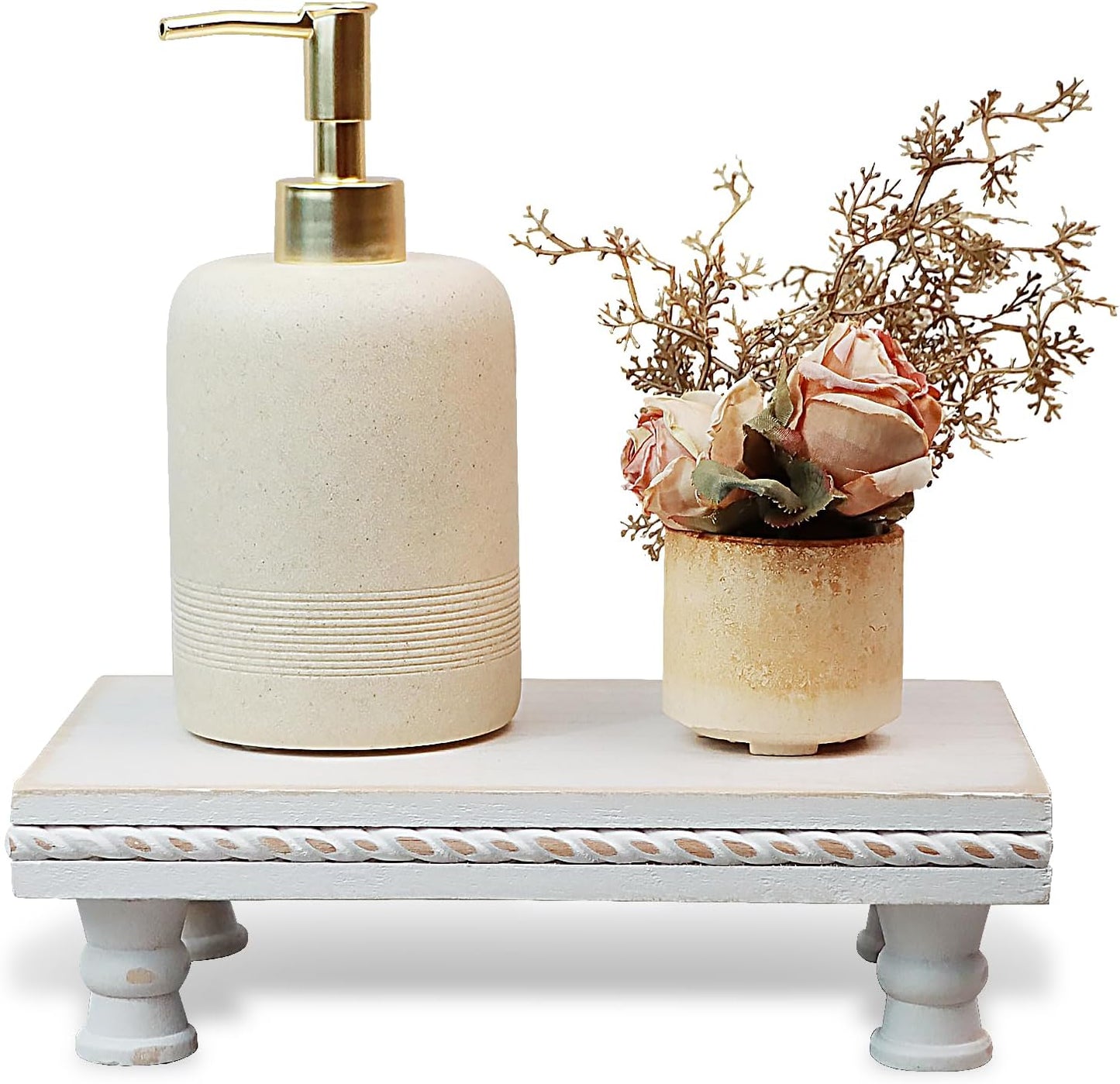 Wood Tray Pedestal Stand, Waterproof Bathroom Counter Organizer, Modern Farmhouse Riser for Soap/Candle/Sponge White Small