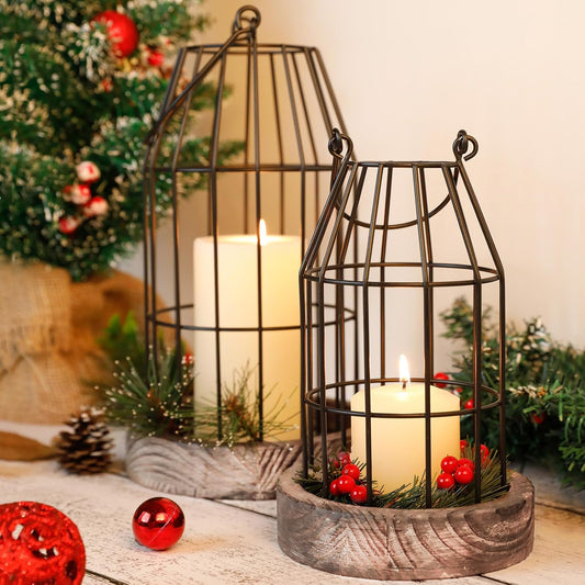 Rustic Wire Metal Cloche Set of 2 Candle Lantern Decorative Indoor Outdoor Vintage Cage Candle Holders Modern Farmhouse Decor for Fireplace Mantle Entryway Living Room Kitchen Dining Table Centerpiece