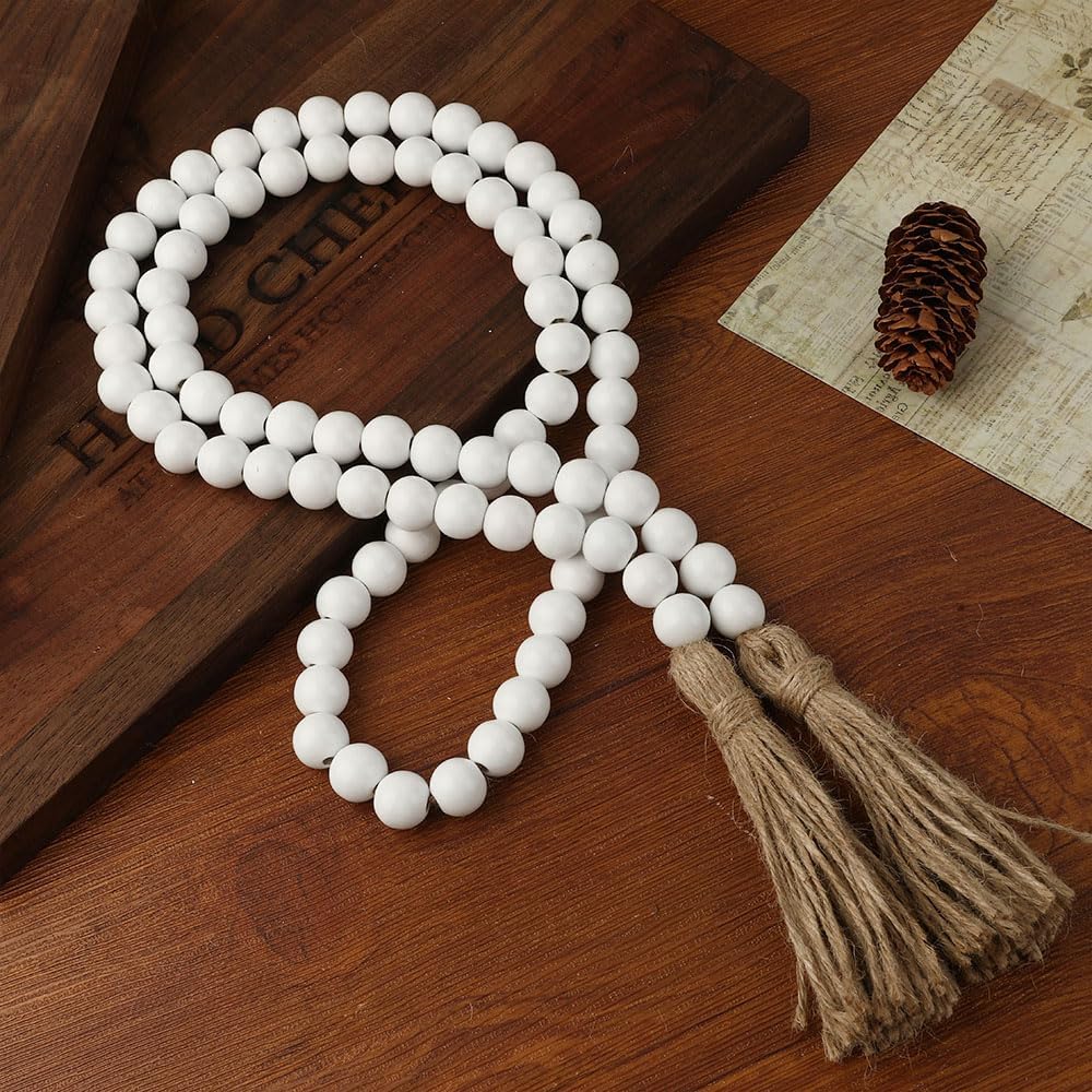 Wood Bead Garland 58 Inch Nature Wooden Beads for Boho Farmhouse Table Home Decor with Tassel, Wooden Prayer Bead, Rustic Country Boho Wall Hanging Decor for Kitchen Modern Living Room Tray Vase Shelf