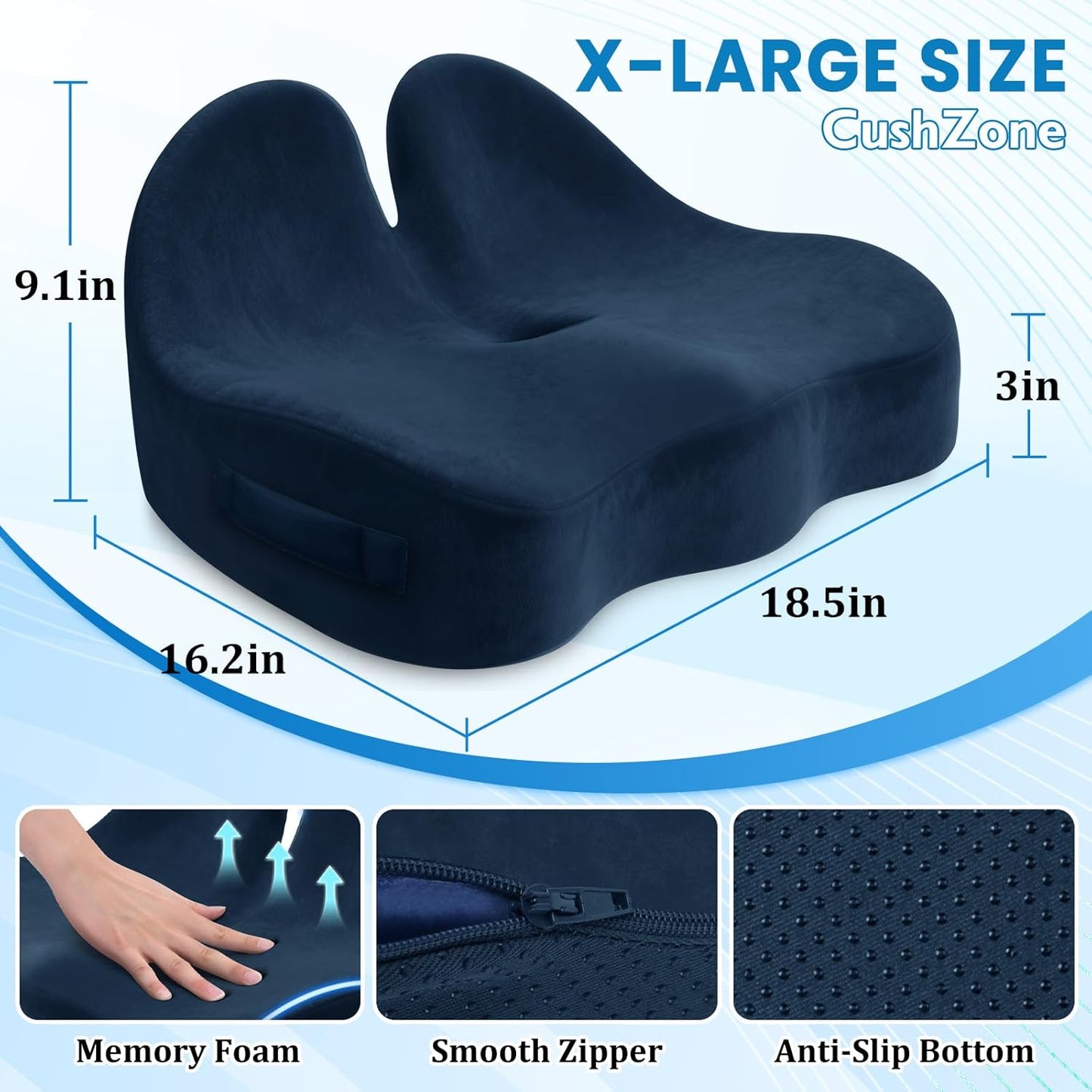 CushZone Seat Cushion, Ergonomic Memory Foam Seat Cushions for Office Chairs, Car, Long Trip, Desk Chair, Lab, Extra Large Size for Sciatica & Hip & Tailbone Pain Relief, Sciatica Support (Black)
