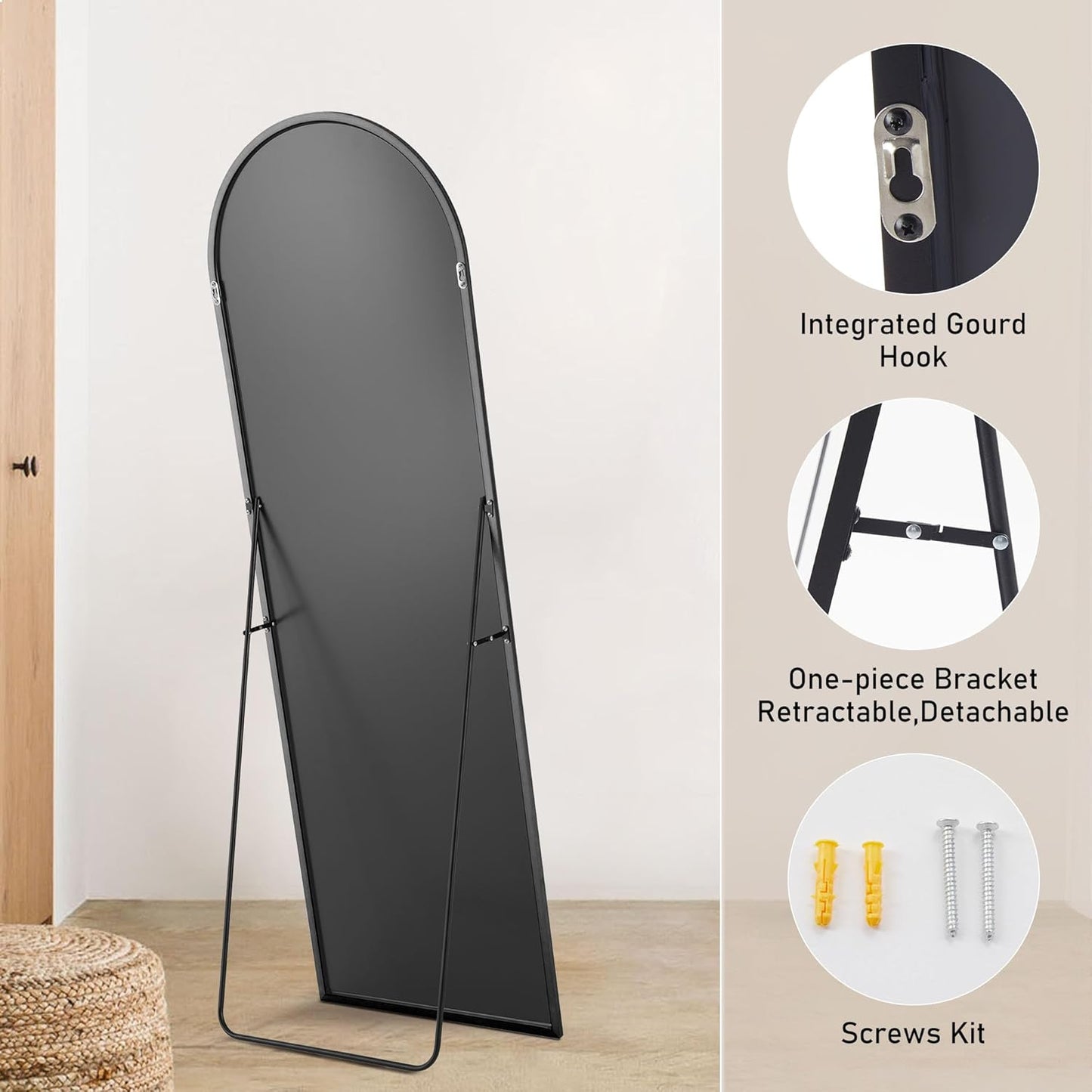 OLIXIS Black Arched Full Length Mirror 60"x16" for Bedroom, Full Body Mirror with Stand, Hanging or Leaning for Wall, Aluminum Alloy Thin Frame Floor Standing for Living Room