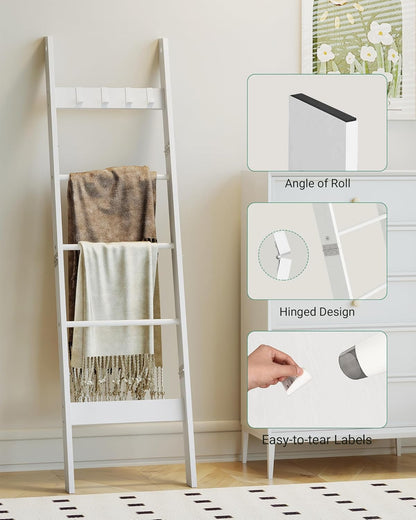 Hzuaneri Blanket Ladder for Living Room, Decorative Quilt Rack with 4 Removable Hooks, 5-Tier Farmhouse Ladder Holder Shelf Organizer for Bedroom, Rustic Brown and Black 02101BBR