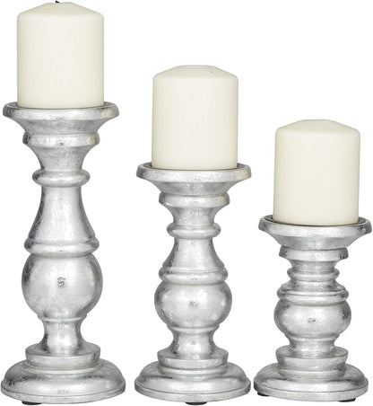 Deco 79 Mango Wood Decorative Candle Holder Distressed Turned Pillar Candle Stand, Set of 3 Candlestick Holder 6", 8", 10"H, Light Blue