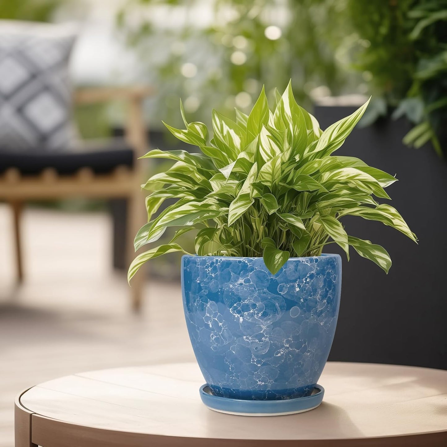 10 Inch Ceramic Planter Pot Round Plant Pot for Indoor Plants Outdoor Large Flower Pot with Drainage Hole and Saucer Blue