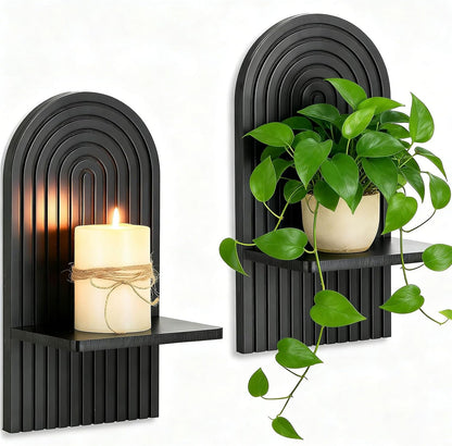 Mid Century Modern Candle Sconces: Set of 2 Walnut Boho Wall Candle Holder Decor for Living Room Fireplace - Arch Candle Shelf for Plants Pillars Candles