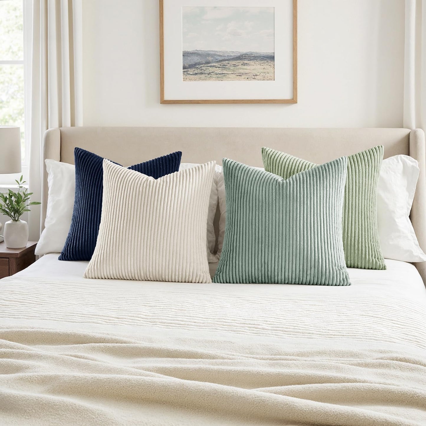 MIULEE Boho Farmhouse Sage Green Throw Pillow Covers 18x18 Inch Set of 4 Mordern Nordic Cushion Covers Soft Corduroy Spring Home Decor for Couch Bed Sofa Living Room Forest Green