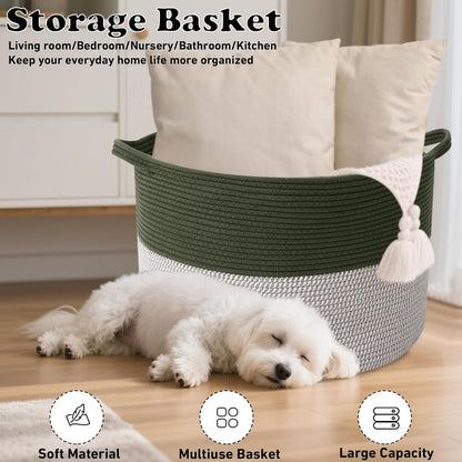 Large Woven Blanket Basket,65L Cotton Rope Laundry Basket Hamper with Handles, Decorative Nursery Basket Storage Bin for Toys, Clothes Organizer, Living Room, Bedroom, Bathroom, White & Brown