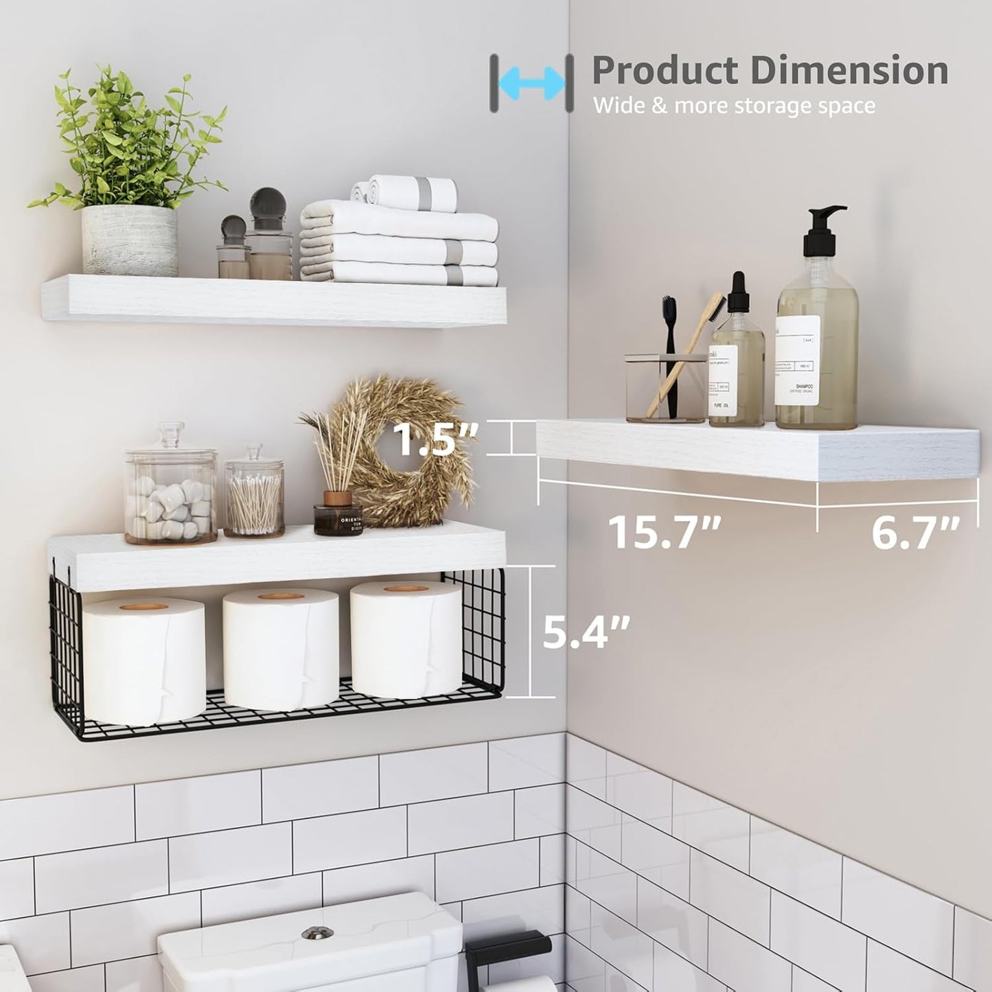 QEEIG Bathroom Shelves Over Toilet - Wall Mounted Floating Shelves Toilet Paper Storage Small Farmhouse Decor Shelf 16 inch Set of 3, Rustic Brown (019-BN3)