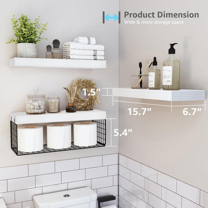 QEEIG Bathroom Shelves Over Toilet - Wall Mounted Floating Shelves Toilet Paper Storage Small Farmhouse Decor Shelf 16 inch Set of 3, Rustic Brown (019-BN3)