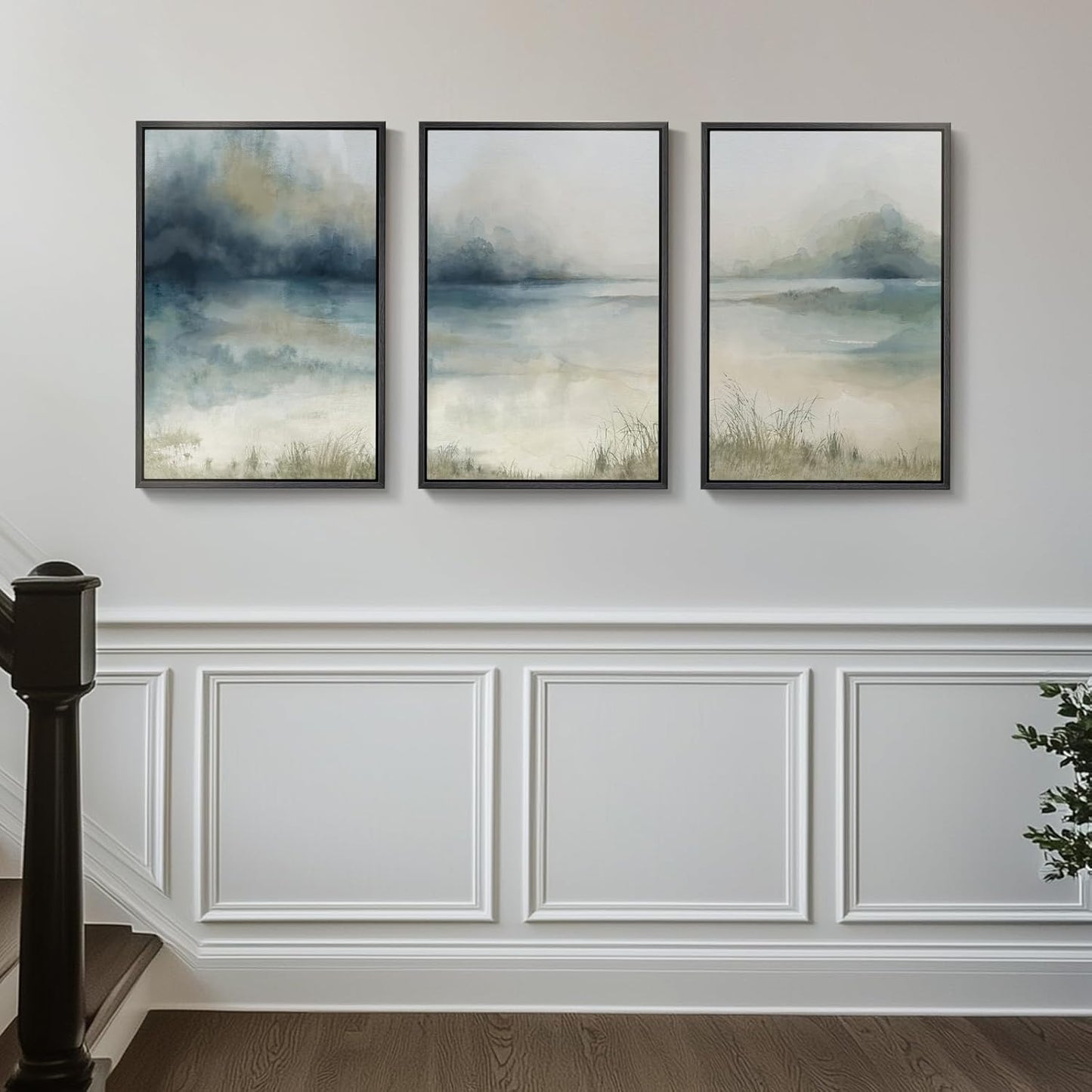 Large Framed Abstract Nature Landscape Wall Art for Living Room, Set of 3 Modern Canvas Prints Paintings Artwork for Walls, Green Lake Pictures for Hallway, Dining Room, Office Wall Decor 24x36 Inch
