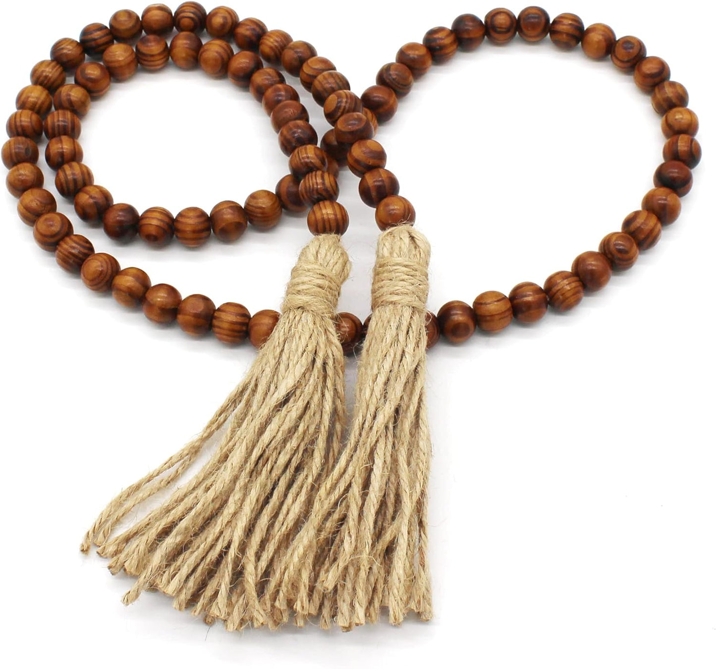 CVHOMEDECO. Wood Beads Garland with Tassels Farmhouse Rustic Wooden Prayer Bead String Wall Hanging Accent for Home Festival Decor. Mix Distressed